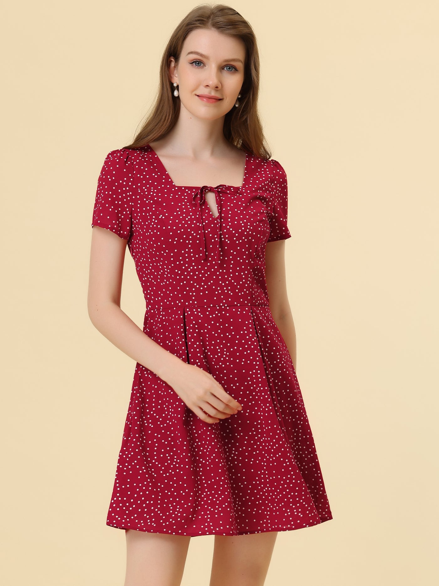 Allegra K Printed Casual Square Neck Short Sleeve Fit and Flare Dress