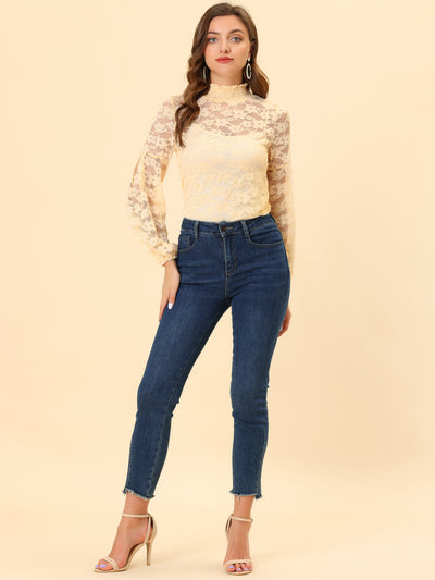 Floral Lace Top Turtleneck Puff Long Sleeve See Through Sheer Blouse