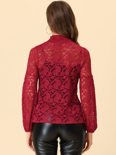 Floral Lace Top Turtleneck Puff Long Sleeve See Through Sheer Blouse