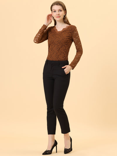 Floral Embroidery Sheer Long Sleeve Lace Blouse Top