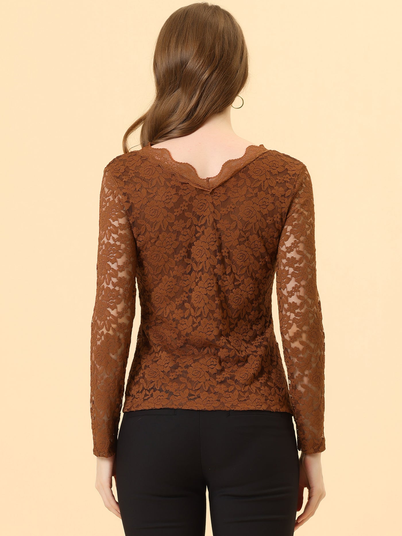 Allegra K Floral Embroidery Sheer Long Sleeve Lace Blouse Top