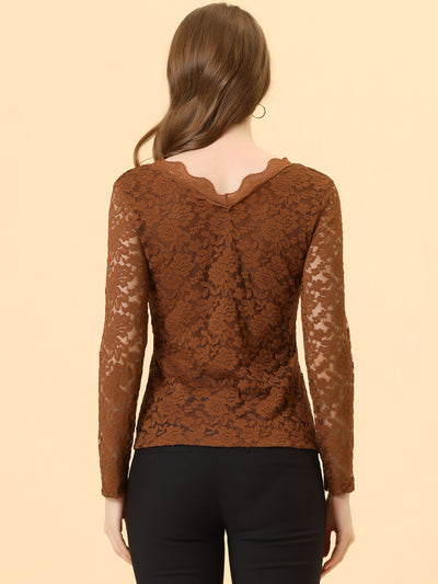 Floral Embroidery Sheer Long Sleeve Lace Blouse Top