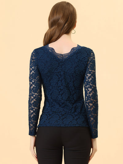 Floral Embroidery Sheer Long Sleeve Lace Blouse Top