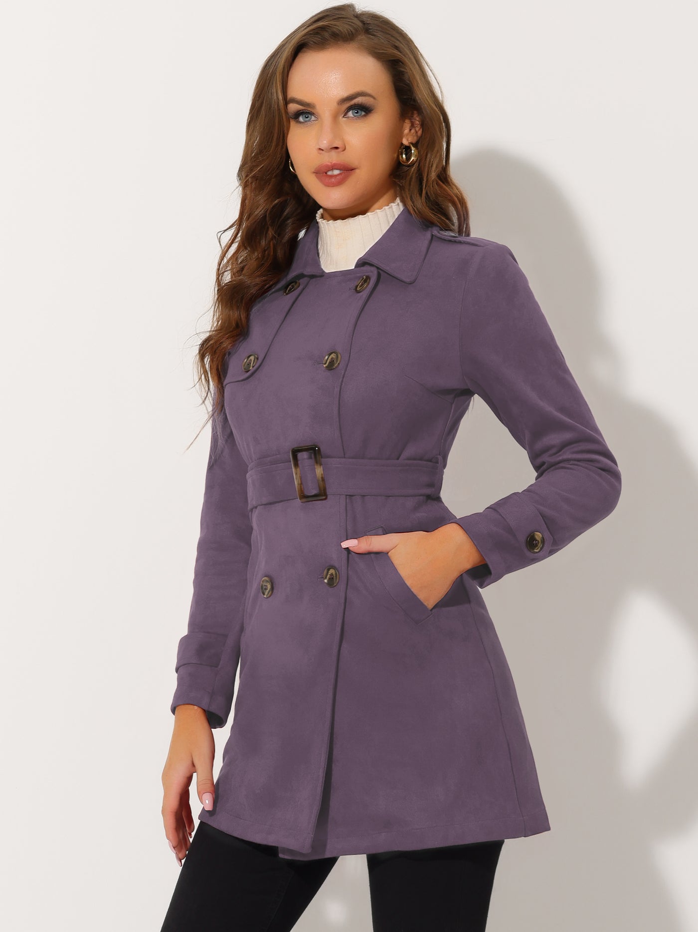 Allegra K Notched Lapel Double Breasted Faux Suede Trench Coat Jacket with Belt