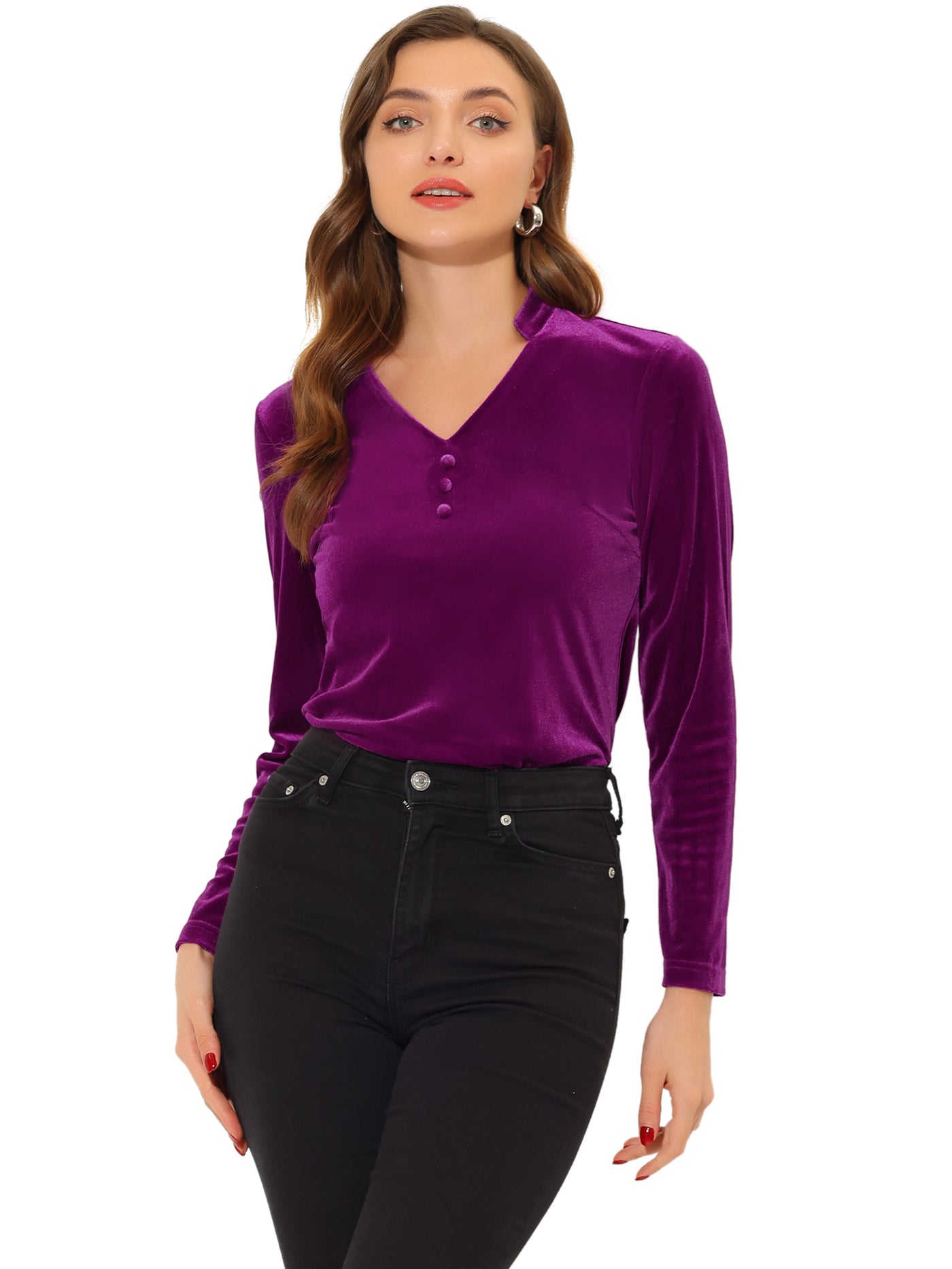 Allegra K Casual Velvet Top Office Soft Long Sleeve V Neck T-Shirt