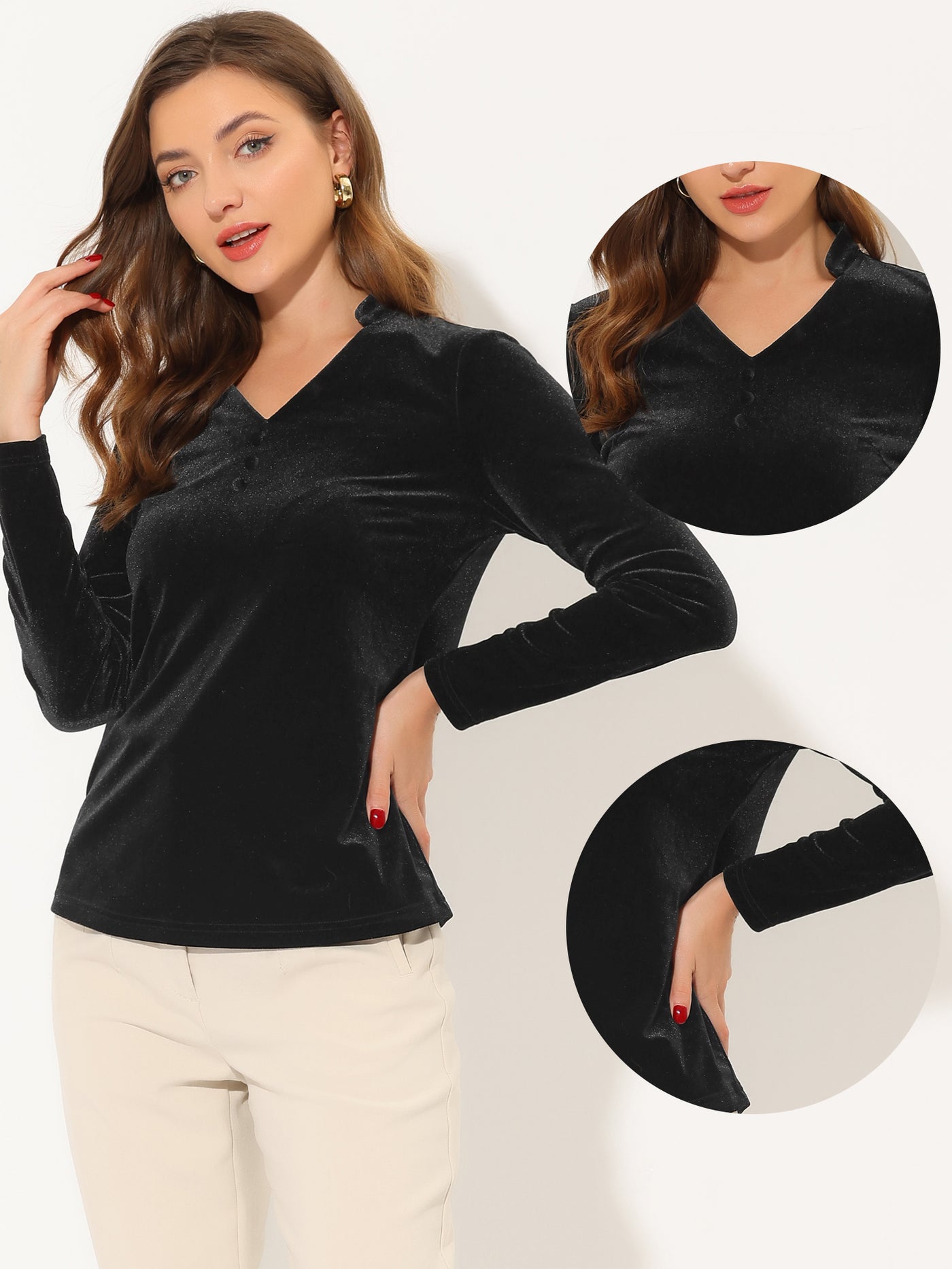 Allegra K Casual Velvet Top Office Soft Long Sleeve V Neck T-Shirt