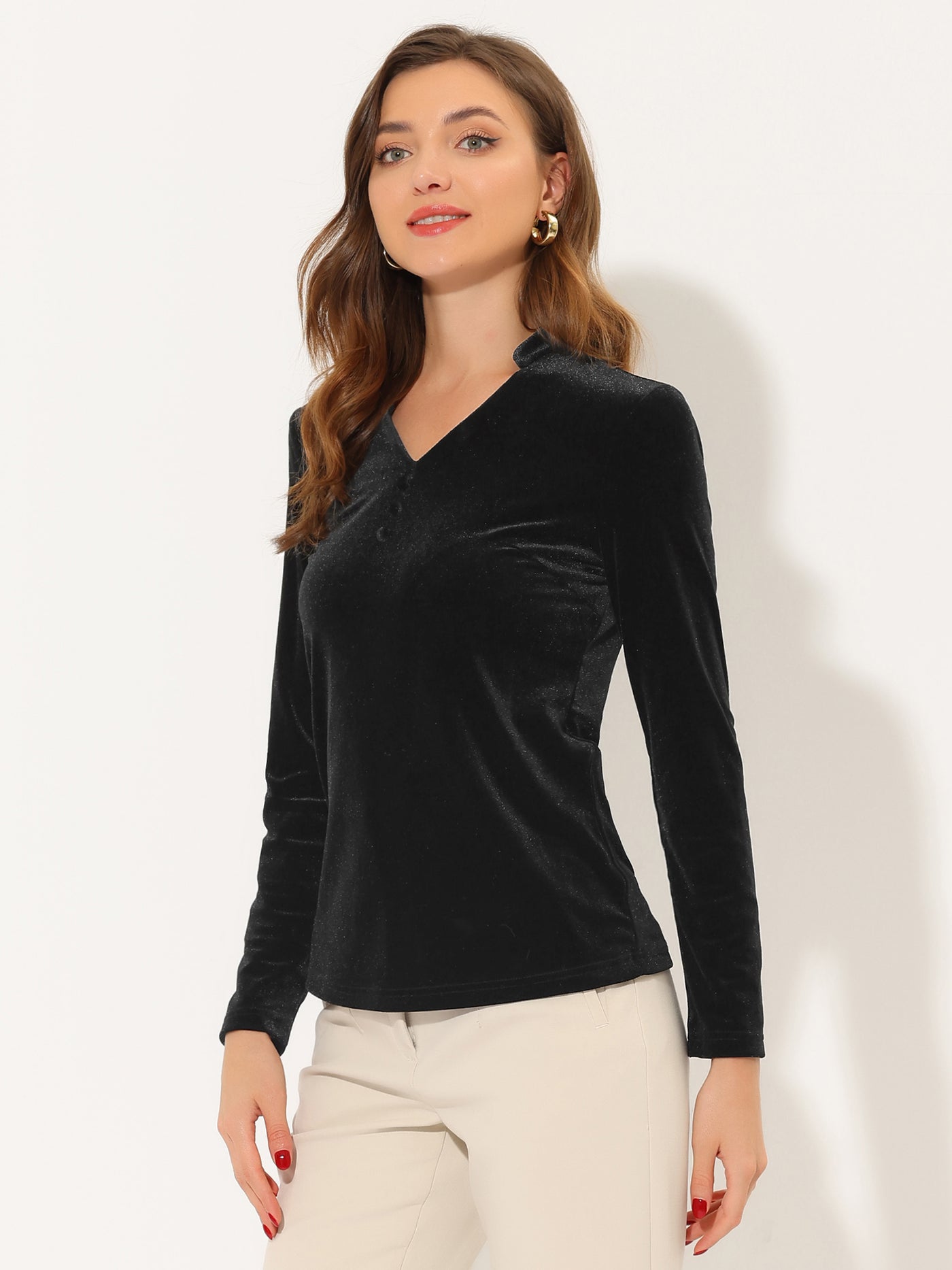 Allegra K Casual Velvet Top Office Soft Long Sleeve V Neck T-Shirt