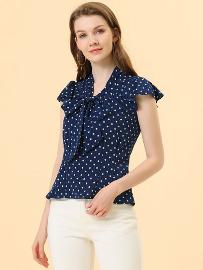 Summer Polka Dots Top Bow Tie V Neck Ruffled Cap Sleeve Office Blouse