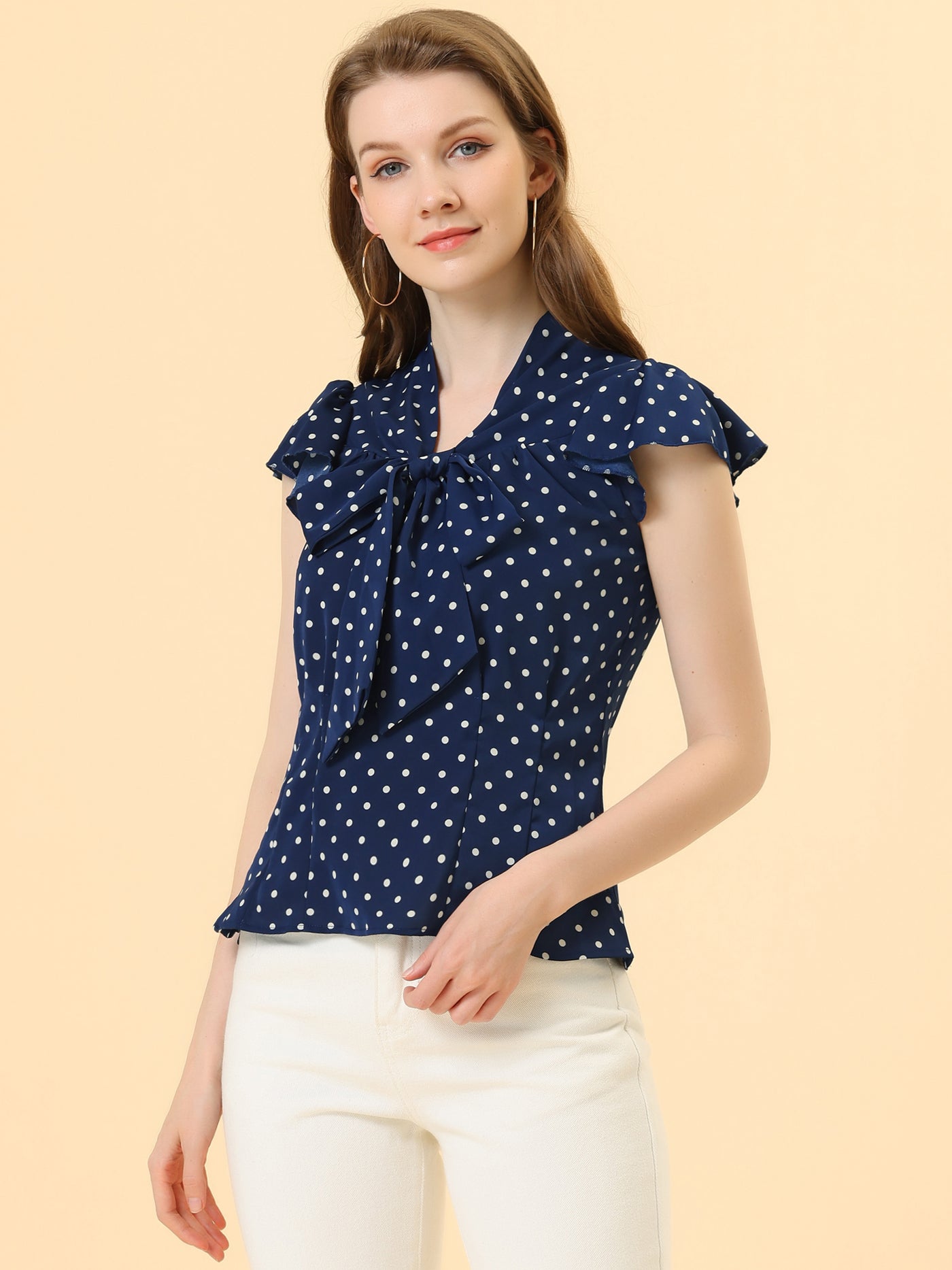 Allegra K Summer Polka Dots Top Bow Tie V Neck Ruffled Cap Sleeve Office Blouse