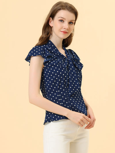 Summer Polka Dots Top Bow Tie V Neck Ruffled Cap Sleeve Office Blouse