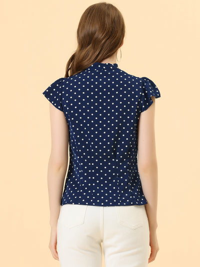 Summer Polka Dots Top Bow Tie V Neck Ruffled Cap Sleeve Office Blouse