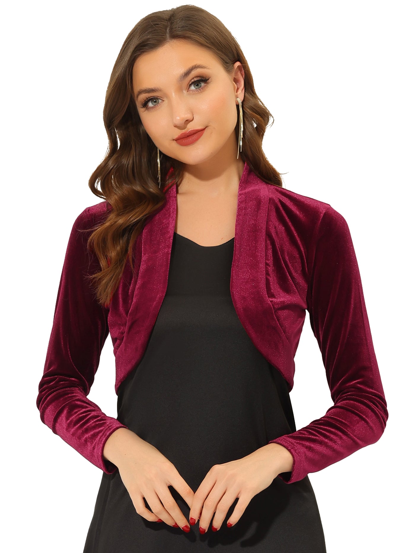 Allegra K Velvet Open Front Long Sleeve Cropped Bolero Shrug