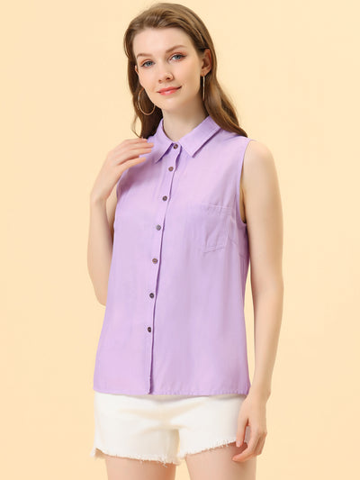 Denim Collar Button Down Casual Office Sleeveless Shirt