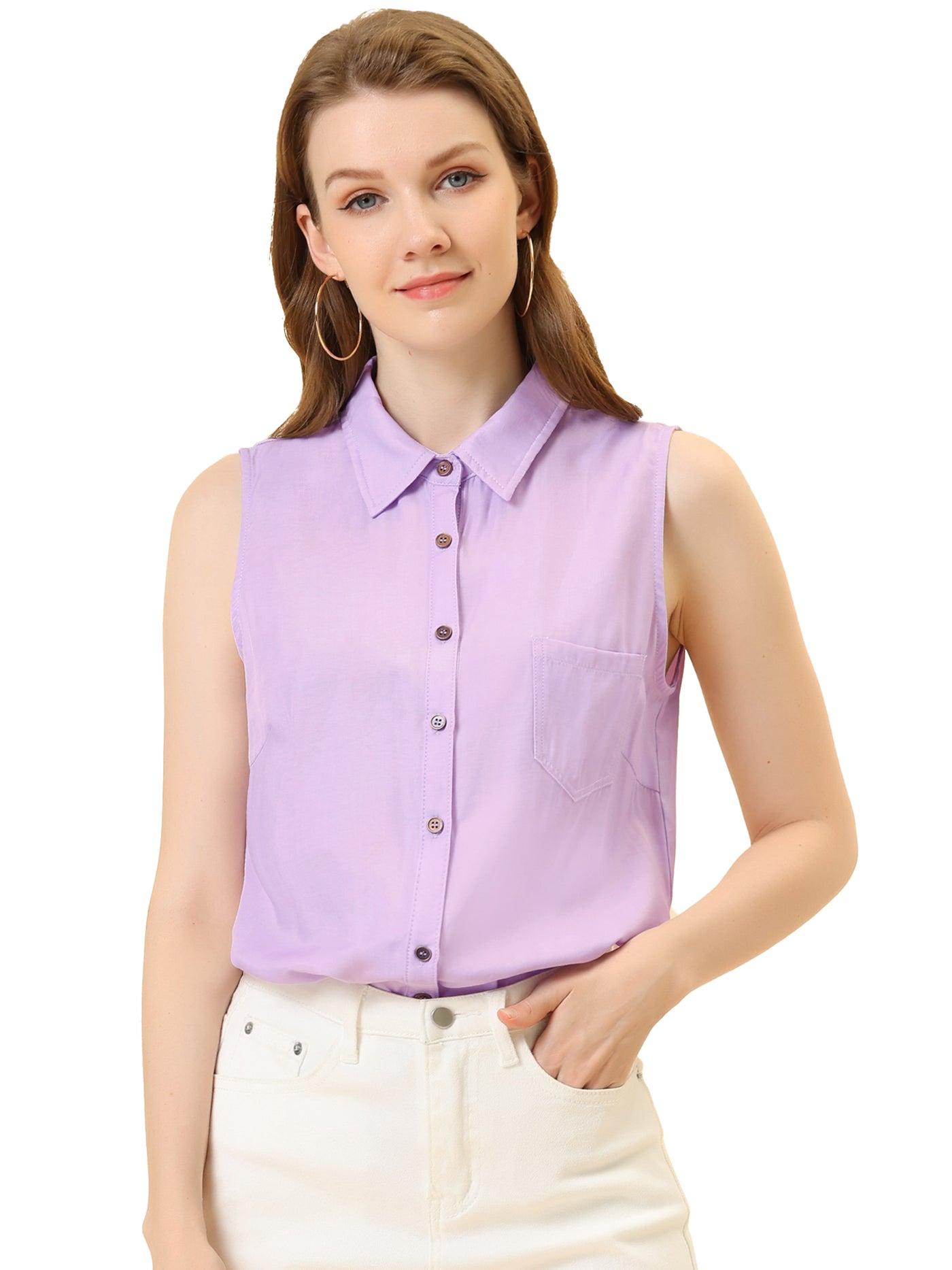 Allegra K Denim Collar Button Down Casual Office Sleeveless Shirt