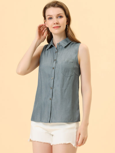 Denim Collar Button Down Casual Office Sleeveless Shirt