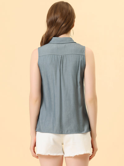 Denim Collar Button Down Casual Office Sleeveless Shirt