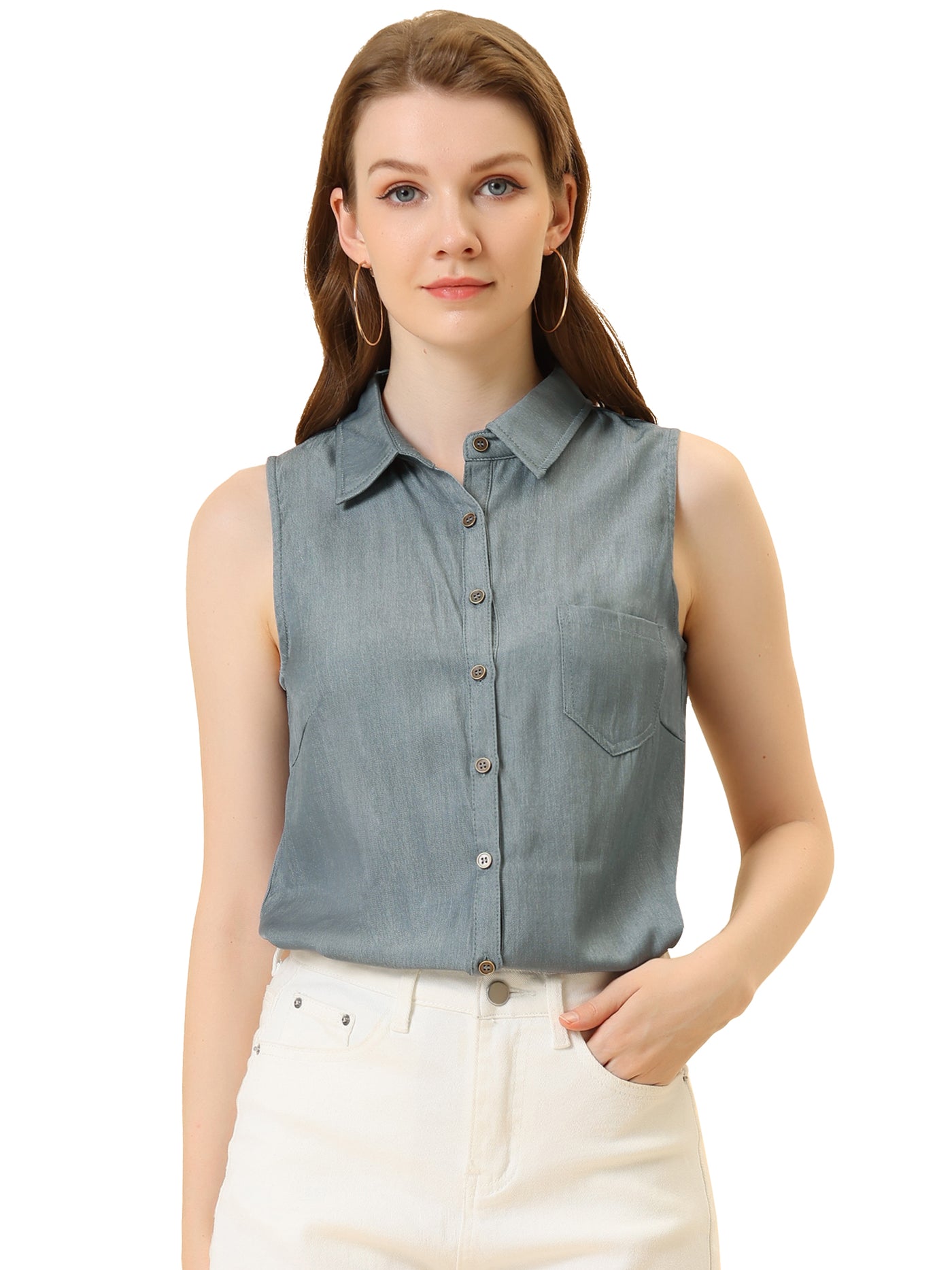 Allegra K Denim Collar Button Down Casual Office Sleeveless Shirt