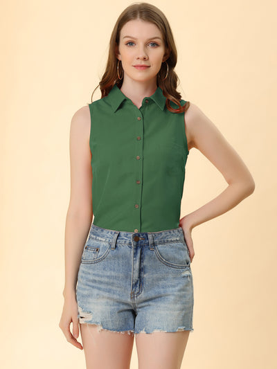 Denim Collar Button Down Casual Office Sleeveless Shirt