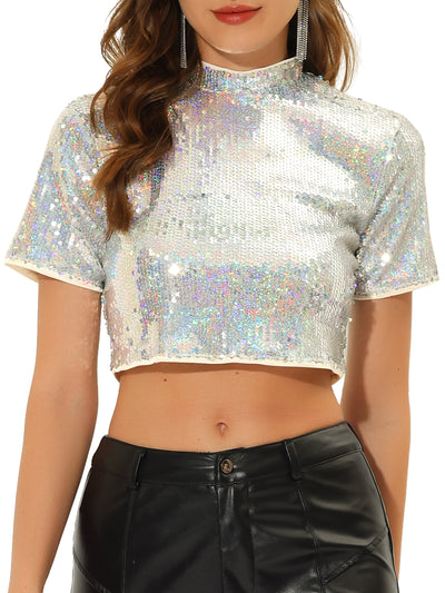 Sequin Sparkle Glitter Short Sleeve Shinning T Shirt Club Blouse