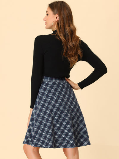 Vintage Plaid Tartan Elastic Waist Knee Length A-Line Skirt