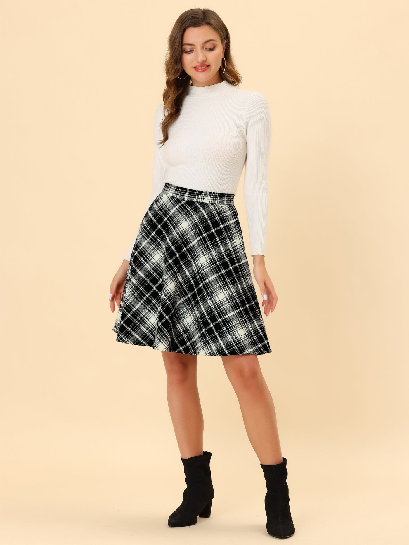 Allegra K Vintage Plaid Tartan Elastic Waist Knee Length A-Line Skirt