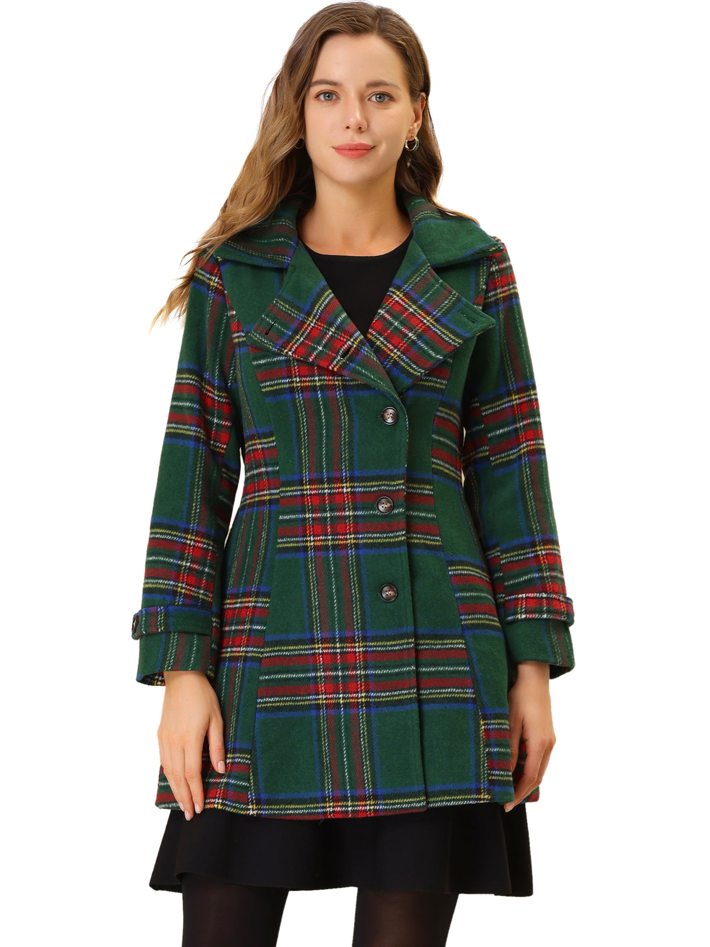 Allegra K Plaid Overcoat Notched Lapel Vintage Winter Pockets Coat