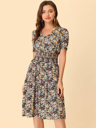 Floral V Neck Smocked Waist Short Sleeve Fit and Flare Dress