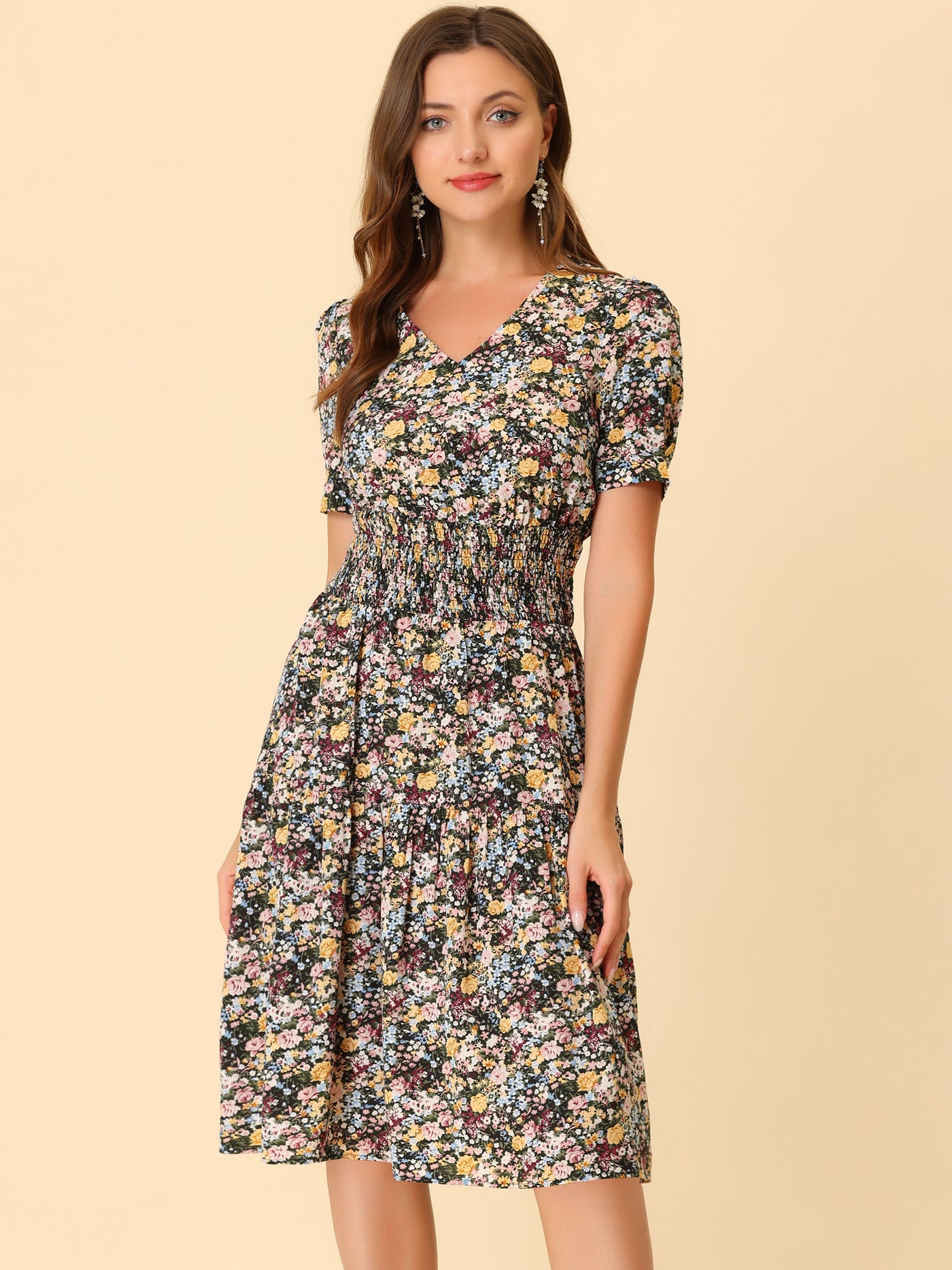 Allegra K Floral V Neck Smocked Waist Short Sleeve Fit and Flare Dress