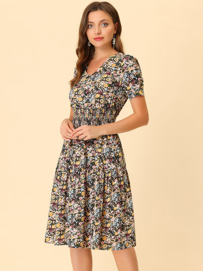 Floral V Neck Smocked Waist Short Sleeve Fit and Flare Dress