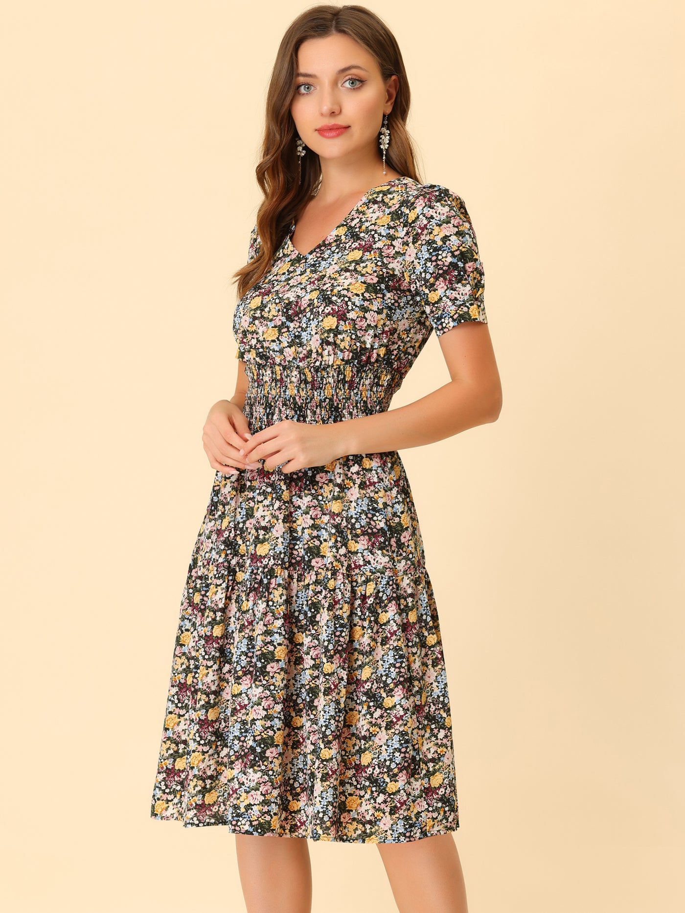 Allegra K Floral V Neck Smocked Waist Short Sleeve Fit and Flare Dress