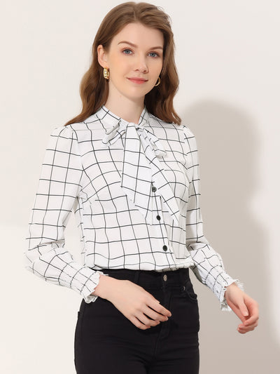 Allegra K Button Smocked Cuff Grid Graph Check Long Sleeve Bow Tie Neck Blouse