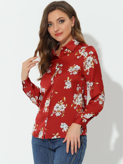 Floral Blouse Point Collar Long Sleeve Button Down Shirt