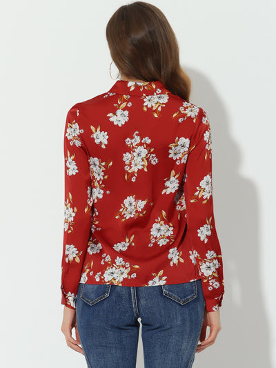 Floral Blouse Point Collar Long Sleeve Button Down Shirt