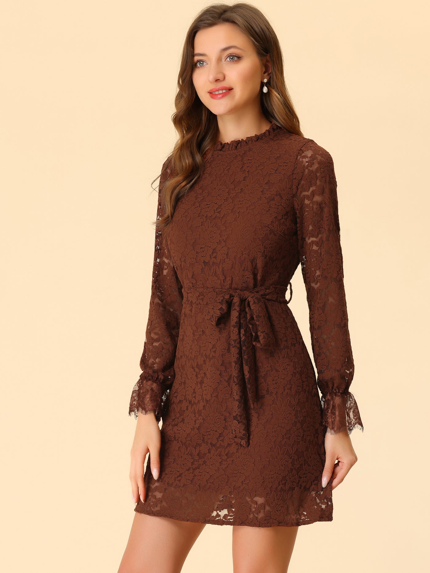 Allegra K Lace Floral Ruffle Crew Neck Cocktail Mini Dress