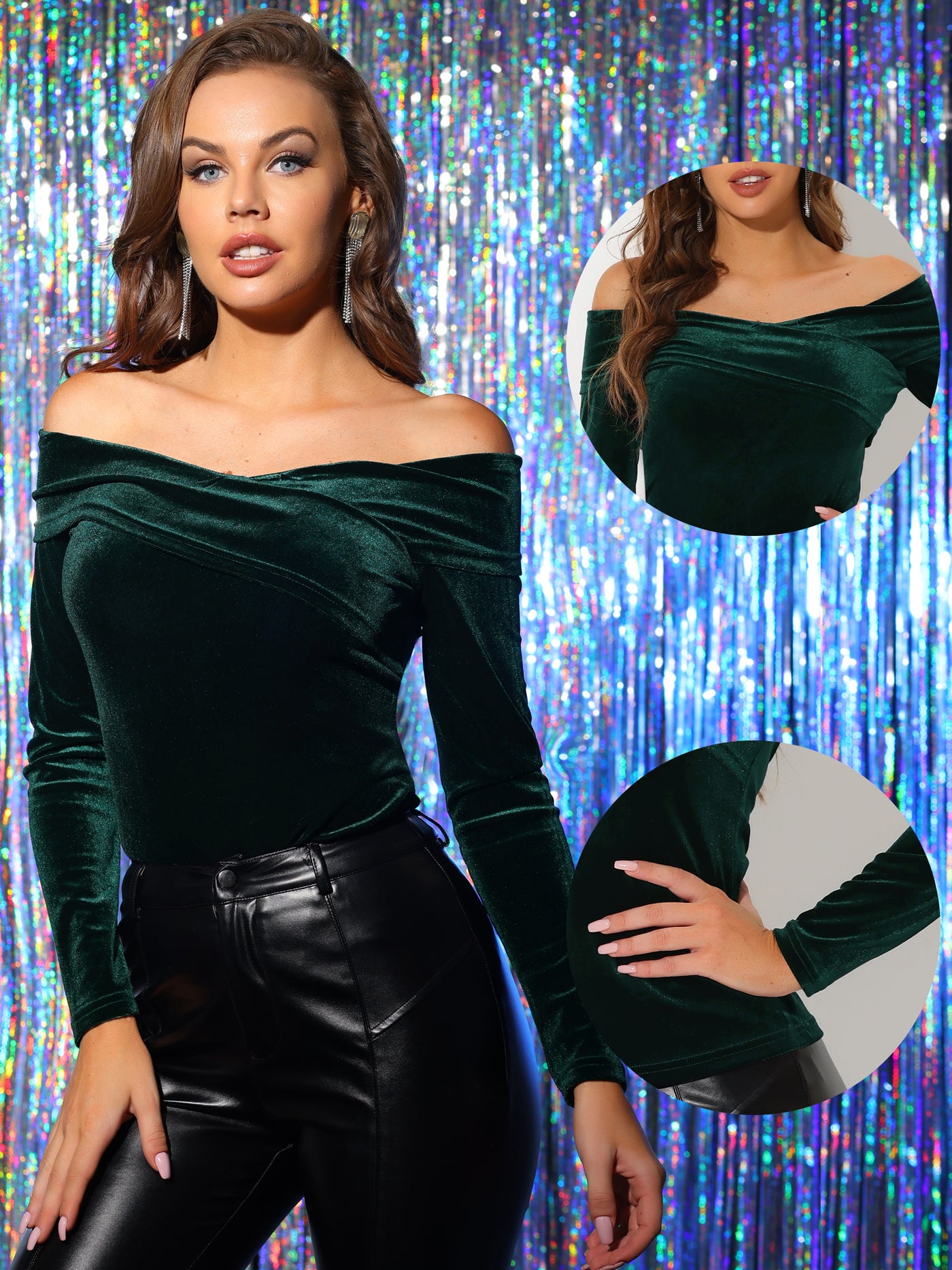 Allegra K Velvet Top Slim Fit Long Sleeve Off Shoulder Blouse