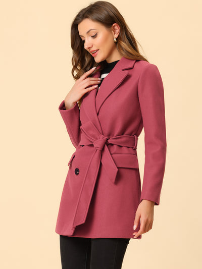 Notch Lapel Double Breasted Belted Mid Long Outwear Winter Coat