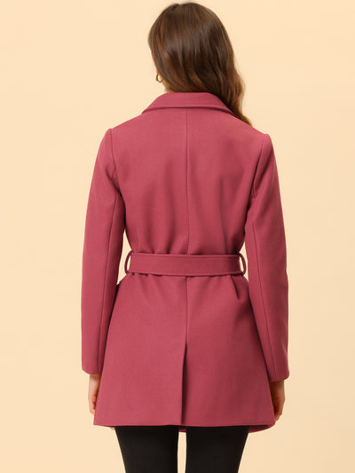 Notch Lapel Double Breasted Belted Mid Long Outwear Winter Coat