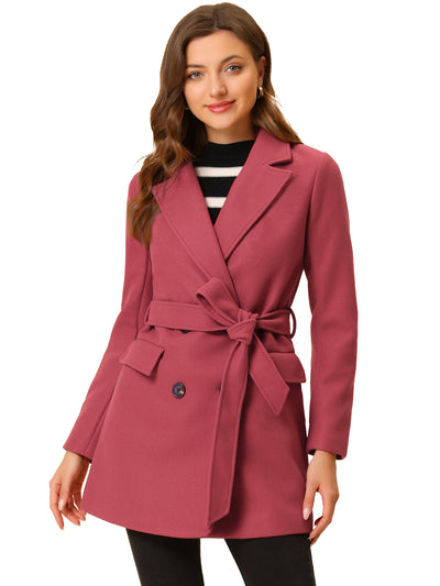 Notch Lapel Double Breasted Belted Mid Long Outwear Winter Coat