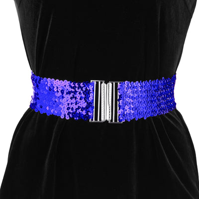 Womens Glitter Wide Waist Belts Interlock Buckles Sequins Decor Stretchy Belts 2PCS