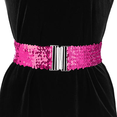 Womens Glitter Wide Waist Belts Interlock Buckles Sequins Decor Stretchy Belts 2PCS