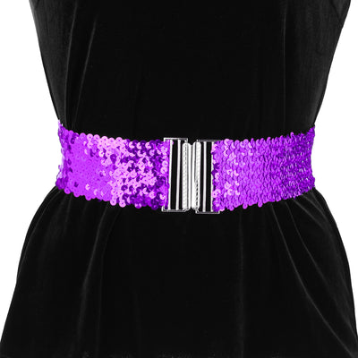 Womens Glitter Wide Waist Belts Interlock Buckles Sequins Decor Stretchy Belts 2PCS