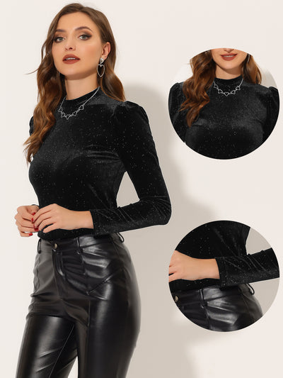 Metallic Velvet Puff Long Sleeve Mock Neck Glitter T-shirt