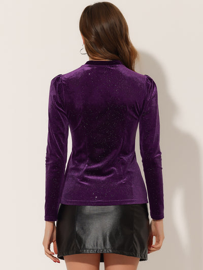 Metallic Velvet Puff Long Sleeve Mock Neck Glitter T-shirt