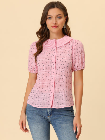 Button Down Short Sleeve Shirt Pleated Collar Floral Blouse