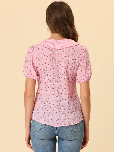 Button Down Short Sleeve Shirt Pleated Collar Floral Blouse