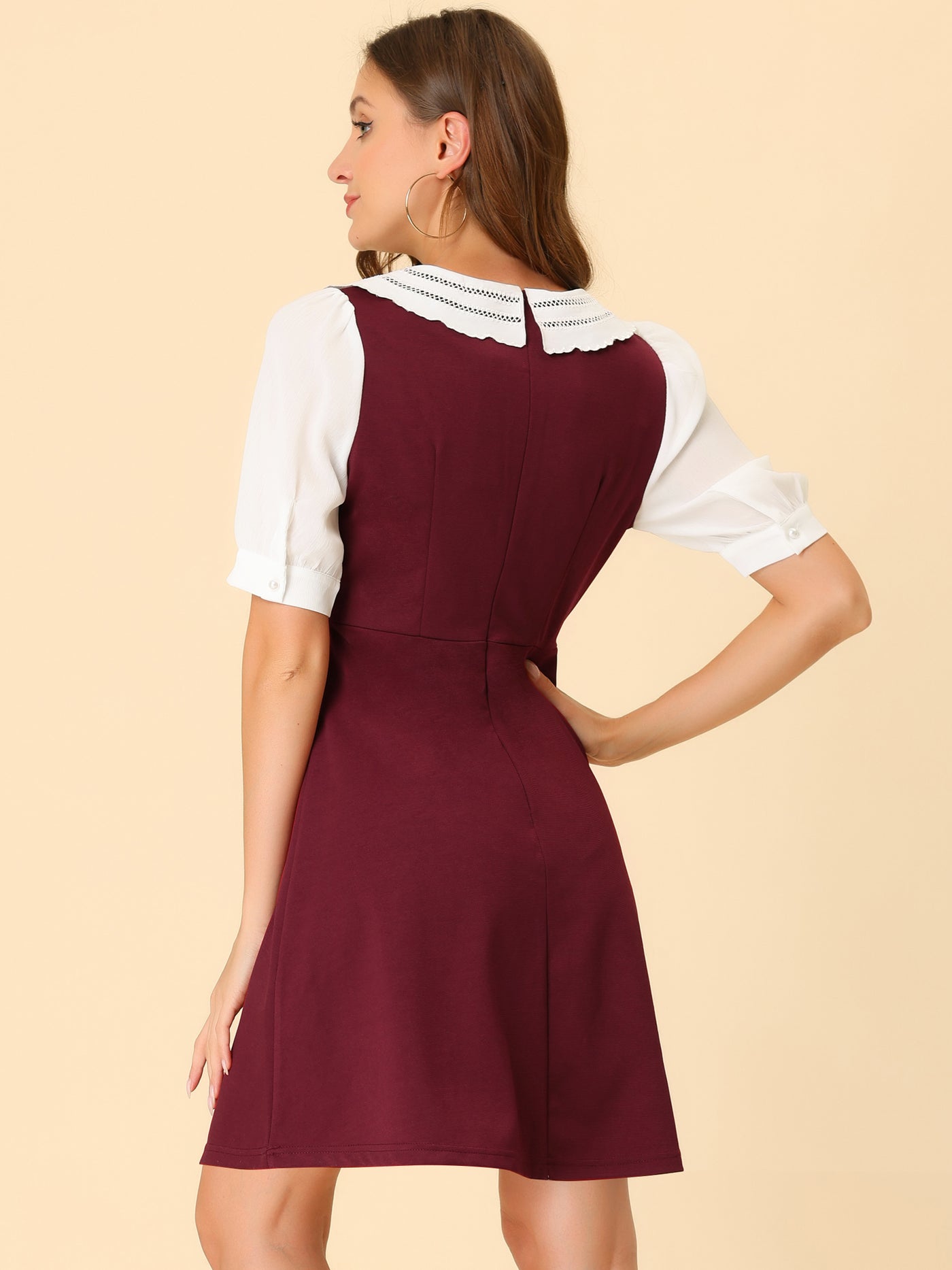 Allegra K Vintage Short Sleeve Button Decor Halloween Contrast Collar Dress