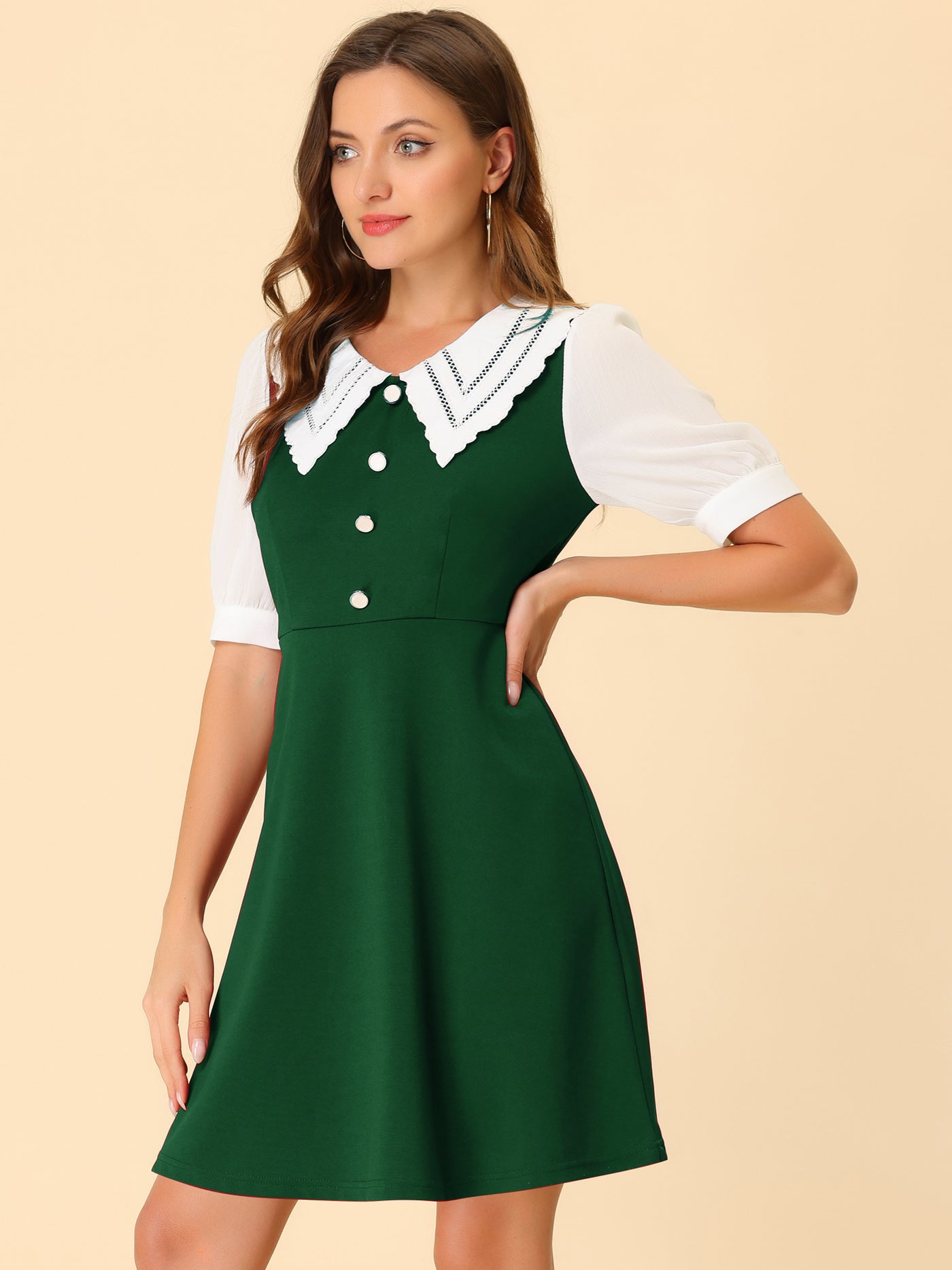 Allegra K Vintage Short Sleeve Button Decor Halloween Contrast Collar Dress