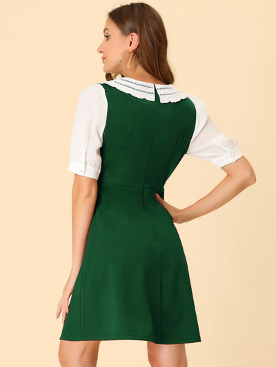 Vintage Short Sleeve Button Decor Halloween Contrast Collar Dress