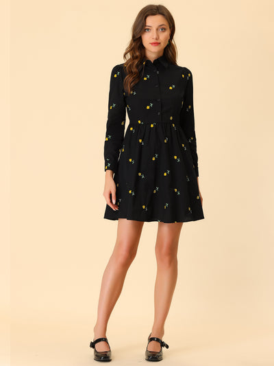 Casual Long Sleeve Half Placket Embroidered Floral Mini Shirt Dress