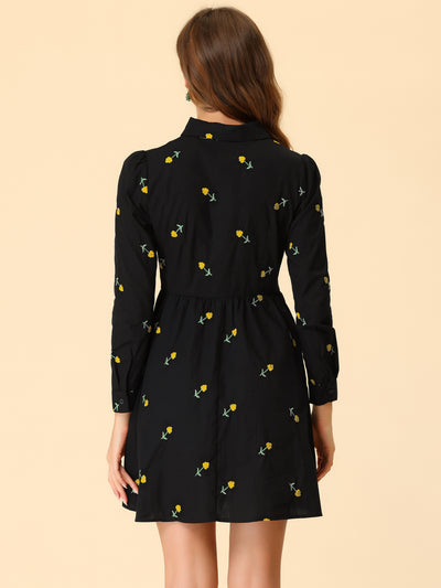 Casual Long Sleeve Half Placket Embroidered Floral Mini Shirt Dress